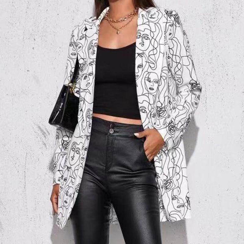 

Women' Suits Vintage Women Letter Print Lapel Suit Jackets 2022 Autumn Winter Fashion Long Sleeve Cardigan Coat Office Lady Casual, 01 print
