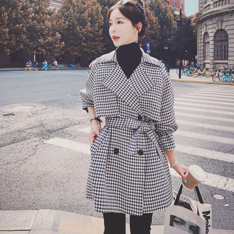 

Women's Trench Coats Korean Plaid Autumn Winter Middle Long British Style Coat Fashionable Lapel Double Row Button Women's Windbreaker