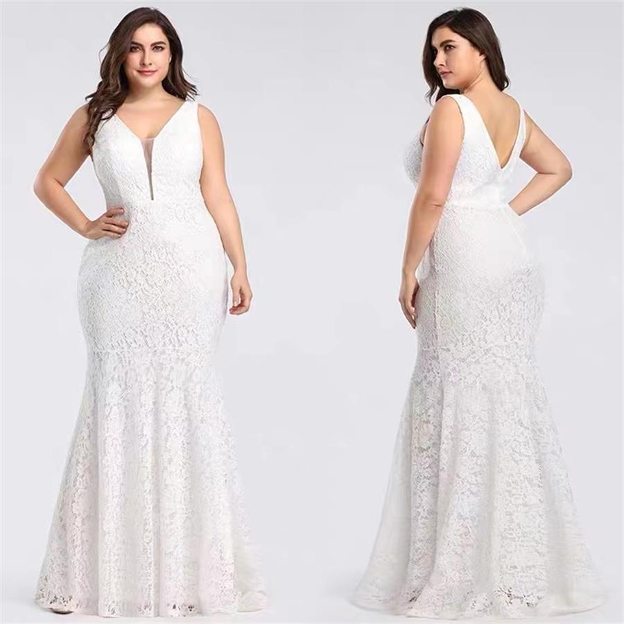 

Oversize Deep V-Neck Lace Fishtail Wedding Dress party EP08838, White