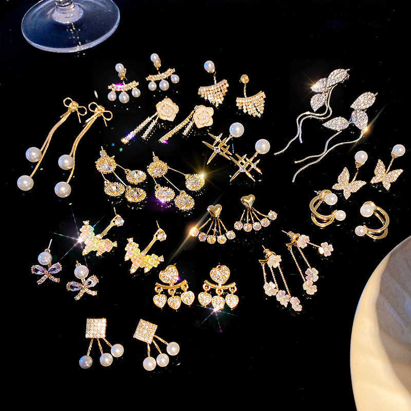 

925 silver needle back hanging type two earrings series exquisite zircon love tassel pearl earrings