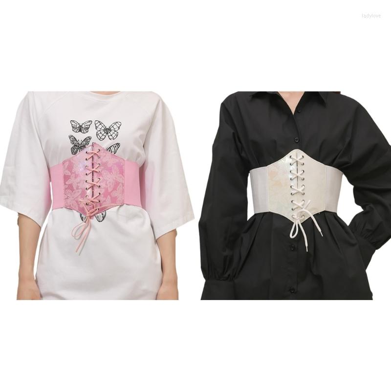 

Belts Unique Butterfly Print Decor Female Waist Corset Wide Faux-leather Belt Women Fashion Slimming Waistband Elastic Corsets, White