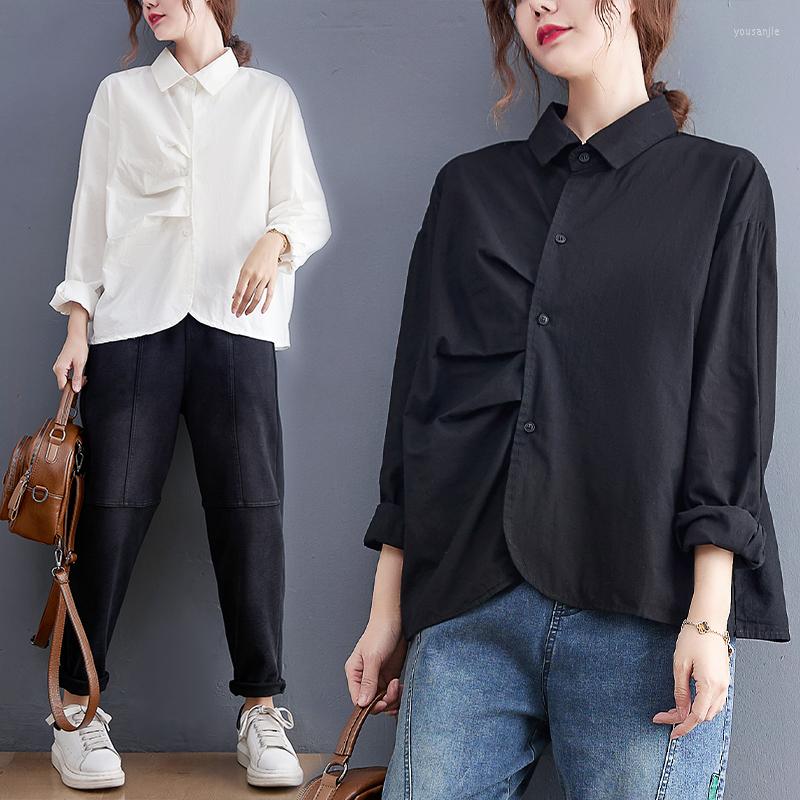 

Women's Blouses Autumn Spring Korean Version Folds Asymmetric Pleated Shirt Design Loose Long Sleeve Black Tops Blusas Mujer De Moda
