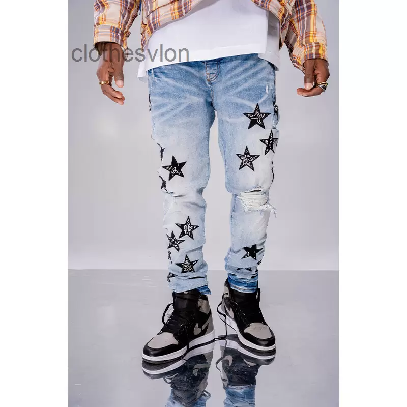 

Jeans Amirs 2022 Ch Designer Street Fashion Brand Wash Water Blue Cashew Flower Five Pointed Embroidery Patch Cloth Hole Slim Fit Men Br TyG