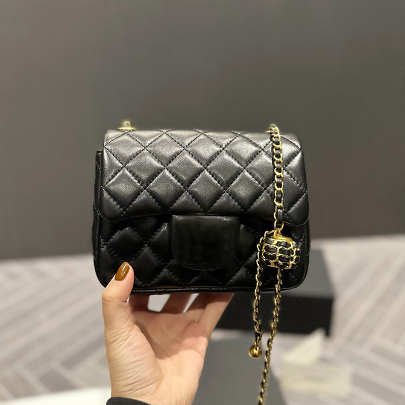 

17CM Womnes Classic Mini Flap Quilted Square Bags Crush Hollow Weave Gold Ball Matelasse Chain Crossbody Shoulder Designer Handbags With Back Pouch Messenger Purse, Box