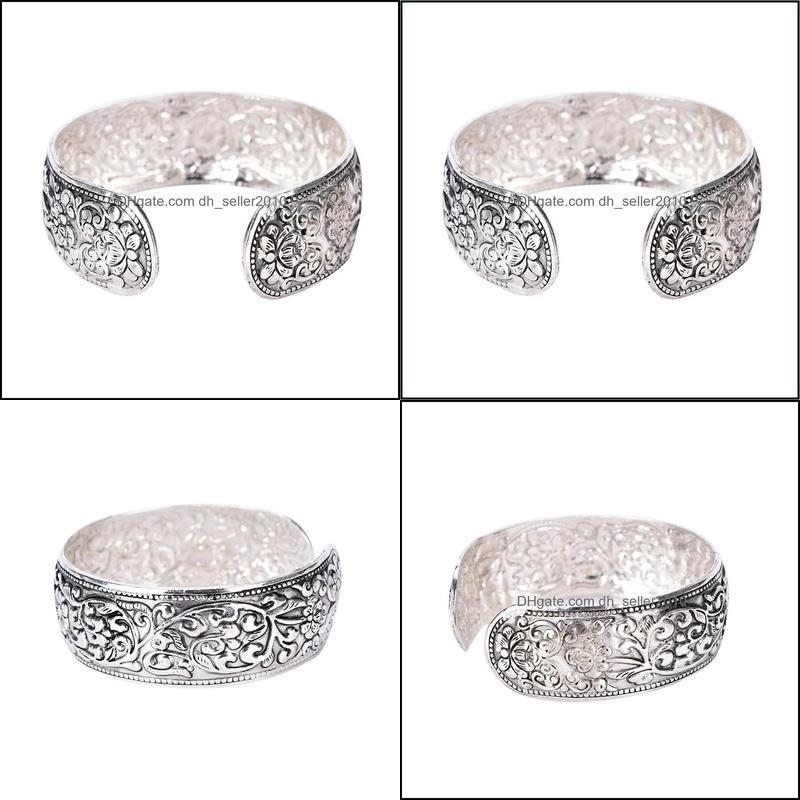 

Bangle Bangle 1Pc Vintage Cuff Bracelets Sier Plated Lucky Flower Bangles Antique Ethnic Statement Tibetan Jewelry For Womengle Drop Dhsu0