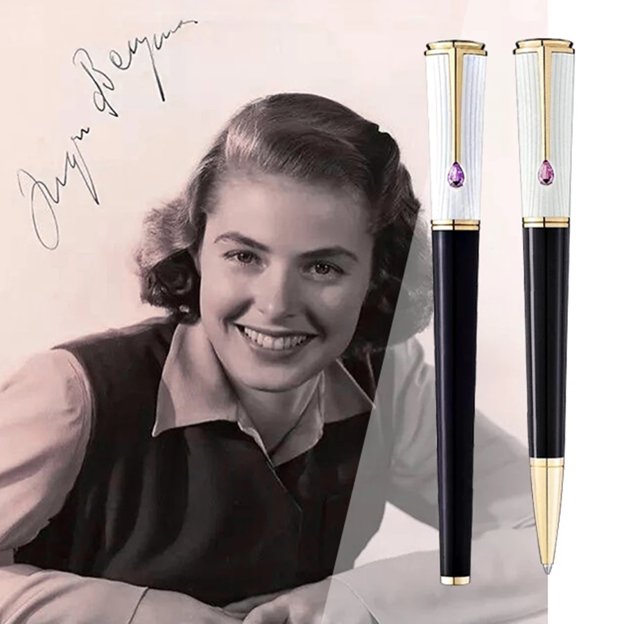 

Ingrid Bergman Rollerball Fountain Pen White & Black Cap With Diamond On The Clip Writing Smooth Great Actress, As pic show