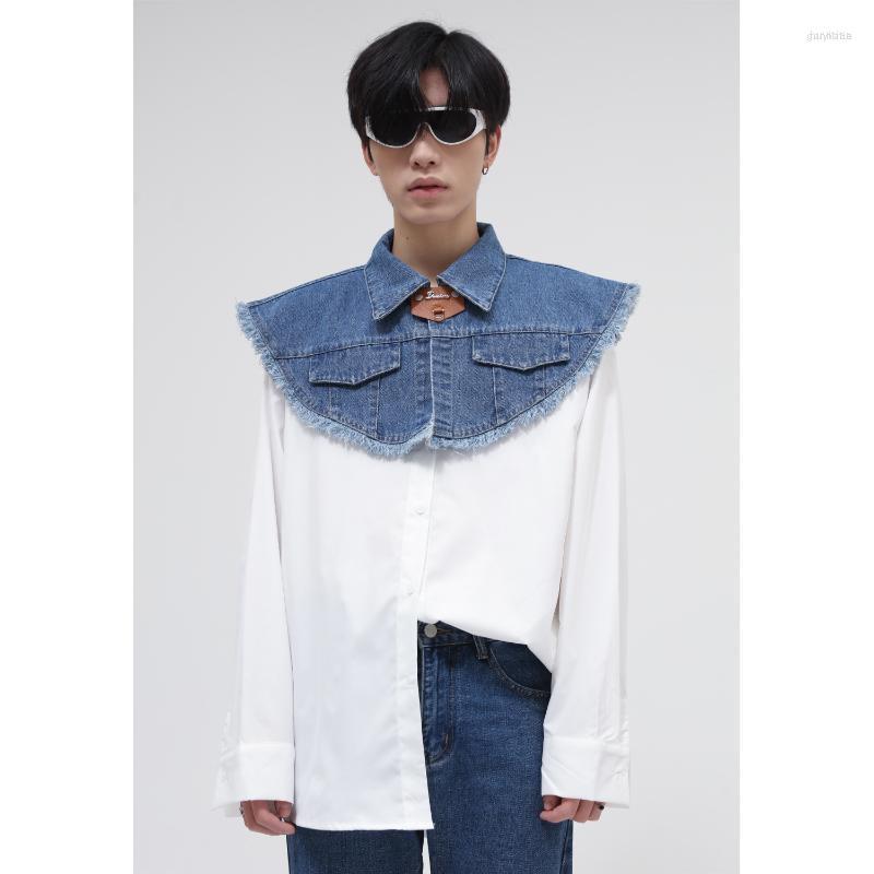 

Men's Casual Shirts Men's Denim Shawl Splice Shirt Men's Long Sleeve Loose White Tops Stage Fashion Show Clothing Male Korean