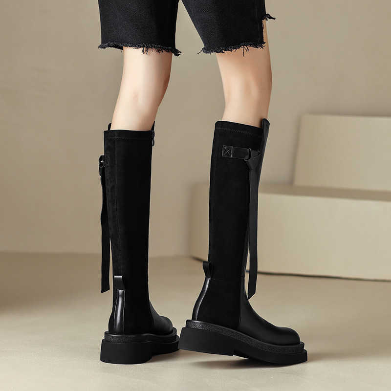 

Boots leather Refuse To Bump Thick Bottom Side Zipper thigh High heel Riding Boots For Women Versatile woman shoes winter, Black