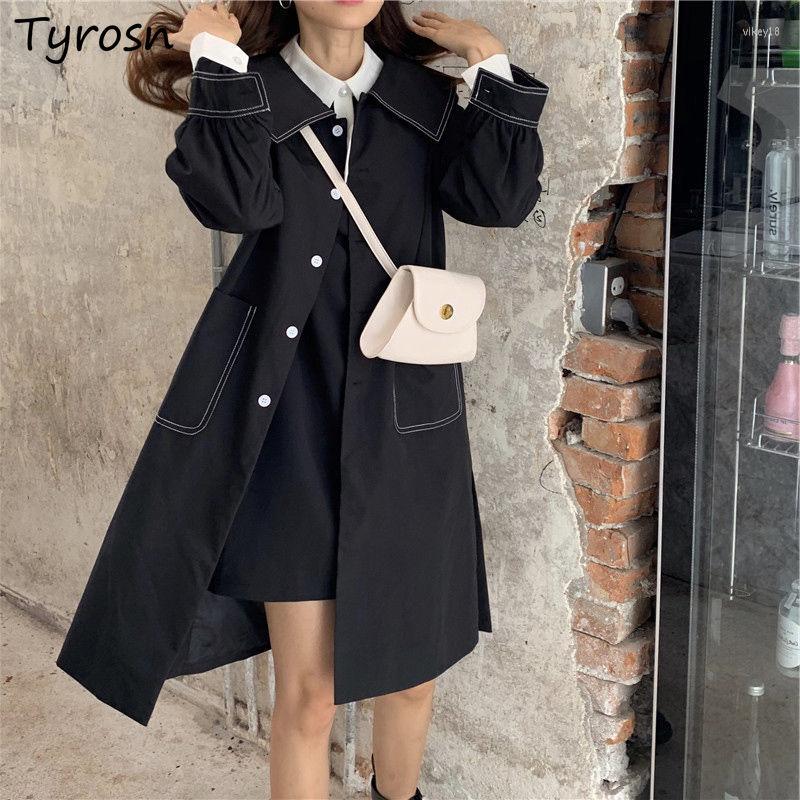 

Women' Trench Coats Women Single Breasted Turn-down Collar Solid Black Tooling Harajuku Streetwear Pockets Hong Kong Style Outwear Chic