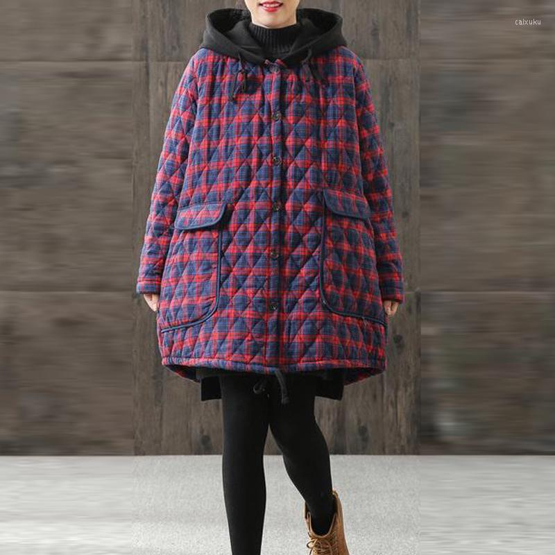 

Women's Jackets Vintage Chinese Style Plaid Long Parkas For Women One-Piece Hooded Winter Thick Warm Female Lady Outerwear Quilted, Red