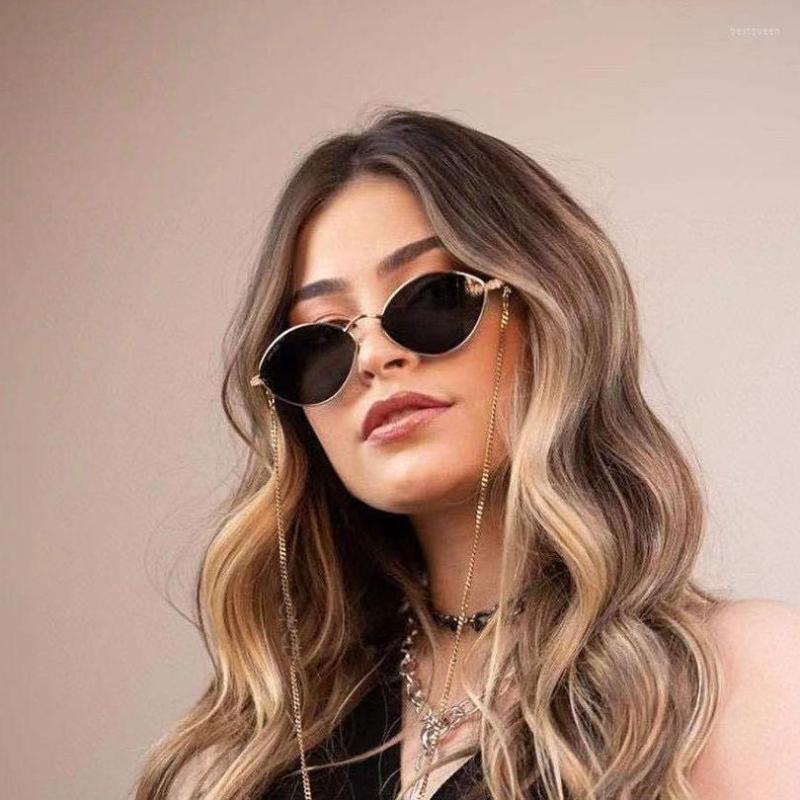 

Sunglasses Metal Frame Oval With Chain Fashion Small Lenses Women