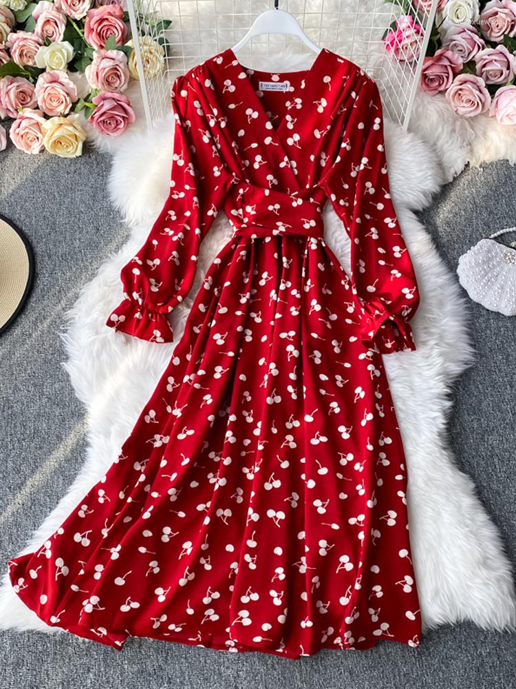 

Casual Dresses YuooMuoo WholeSale Women Dress Spring Fall Fashion Sweet Cherry Print Sash Bandage Long Puff Sleeve Party Korean Vestidos, Yellow
