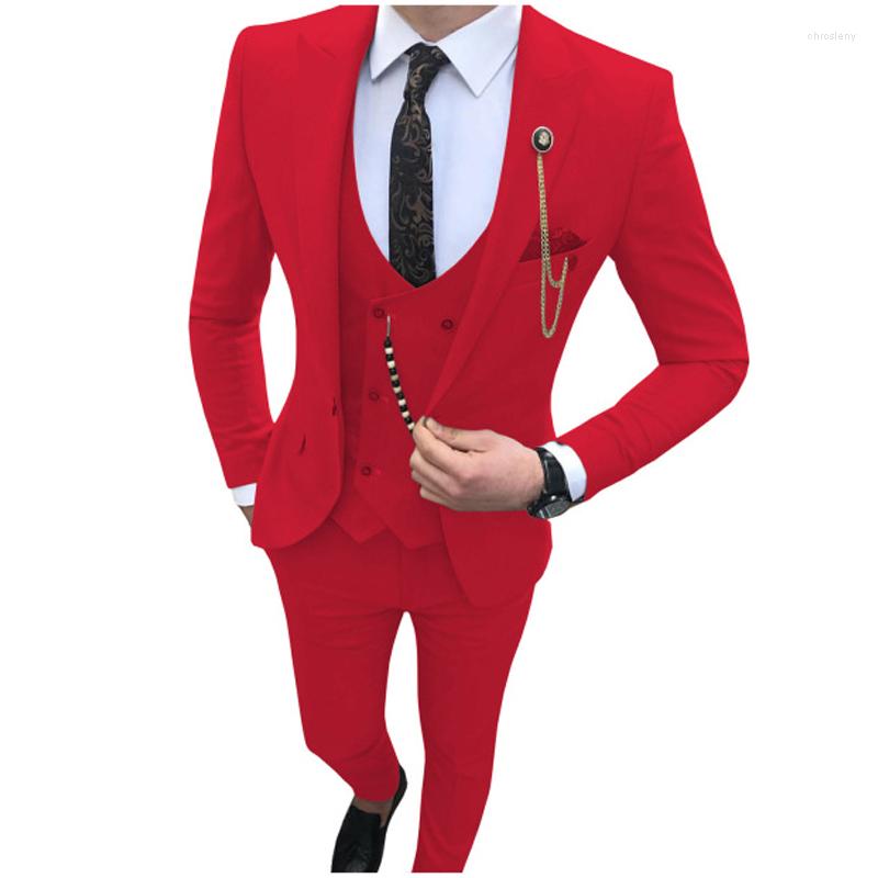 

Men's Suits 3 Pieces Men Slim Fit Business Groom Tuxedo For Wedding Peaked Lapel Custom Male Fashion Jacket Vest With Pants 2022, Pink