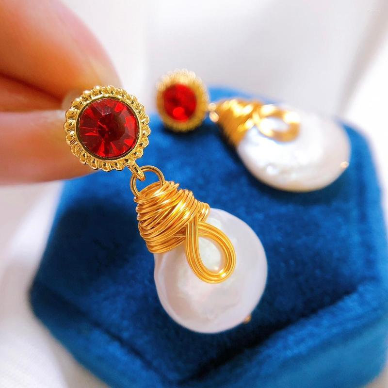 

Dangle Earrings Manual Winding Design Red Rhinestone With Baroque Natural Peaerl