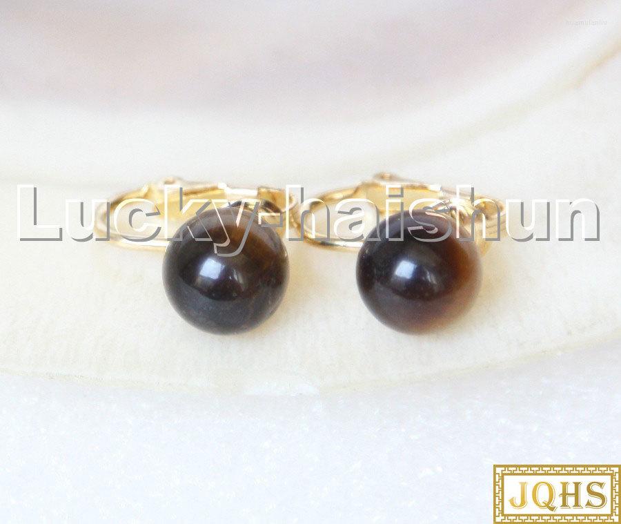 

Stud Earrings Natural 10mm Round Yellow Tiger's Eyes Beads Clip C313