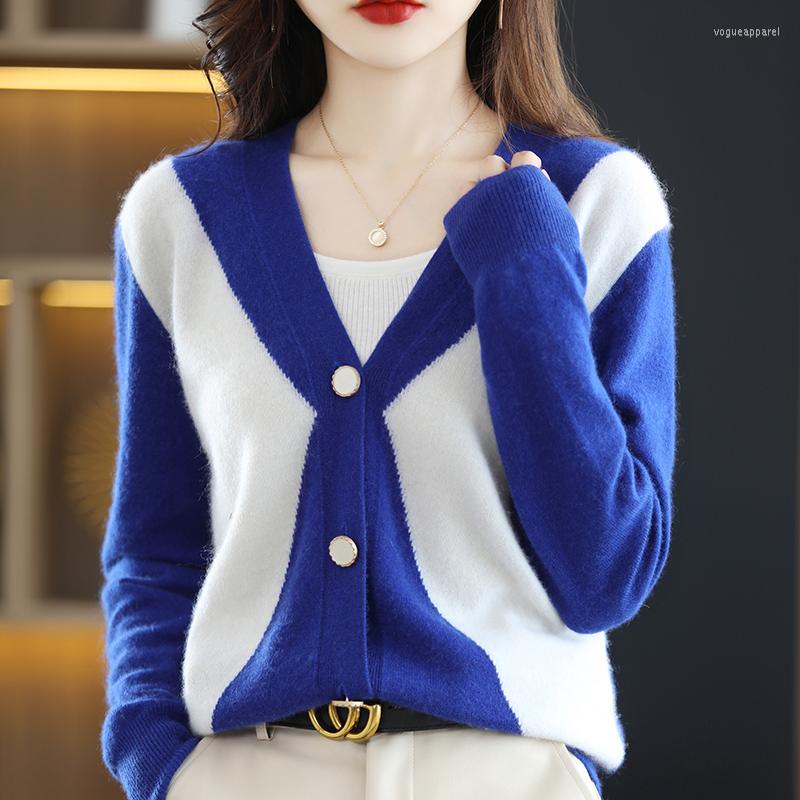 

Women's Knits Wool Cashmere Cardigan Sweater 2022 Colorblock Ladies Long Sleeve V-Neck Loose Large Size Jacket Top Spring, Camel