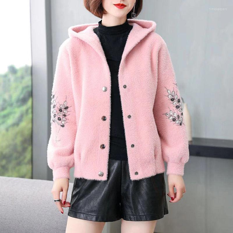 

Women' Knits Women 2022 Autumn Winter Fashion Imitation Mink Velvet Coats Female Short Loose Hooded Jackets Ladies Warm Cardigan Outwear, Pink