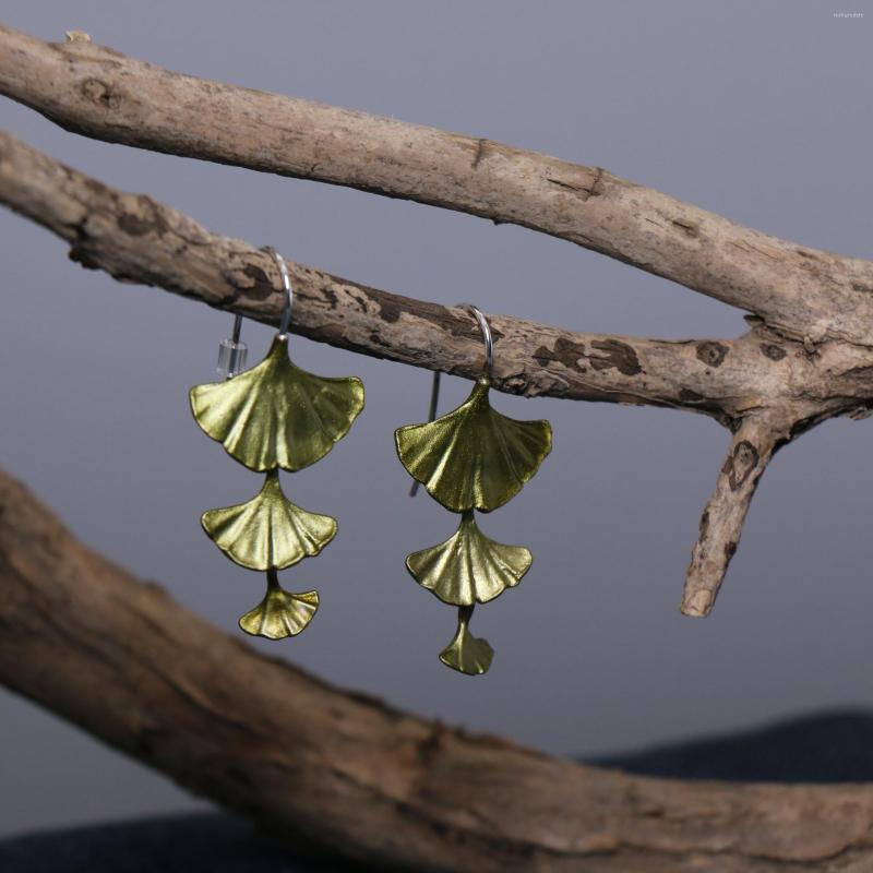 

Dangle Earrings 925 Silver Hoop Ginkgo Biloba Leaves Green