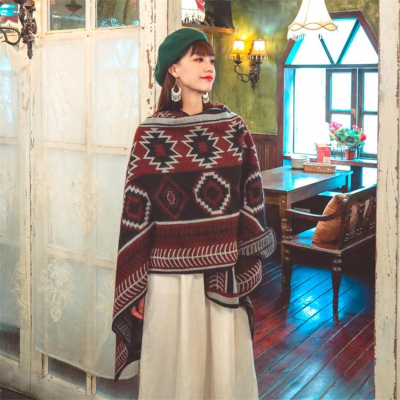 

Scarves Women Boho Style Plaid Print Vintage Shawl Poncho Winter Warm Thick Knitted Scarf Large Holiday Home Wear Cloak Wrap