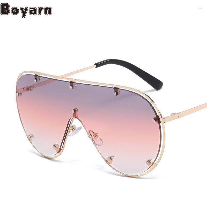 

Sunglasses Boyarn Gafas De Sol Rivet Fashion One Piece Large Frame Metal Glasses Men's And Women's Retro