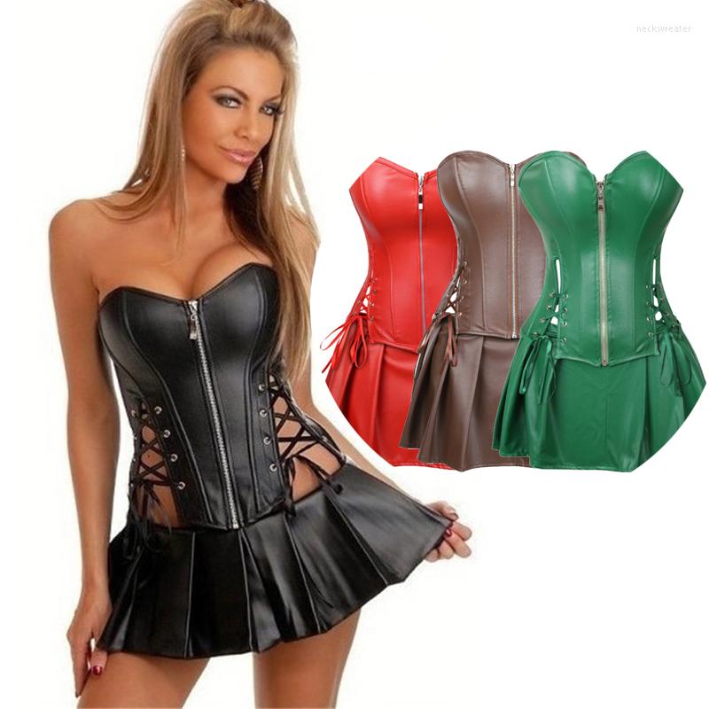 

Bustiers & Corsets Plus Size Sexy Lady PU Steampunk Corset Bustier Mini Skirt Fashion Front Zipper Plastic Bone Push Up Vintage Costume, Black