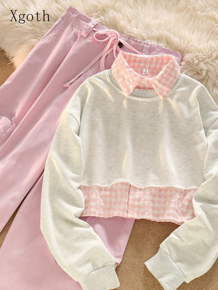 

Women's Two Piece Pants Xgoth Women Seet Suits Spice Girl Short Vest Shirt Solid Color Sweatshirt Workwear Casual Girly Pink Lovely Set, Tops 2pcs