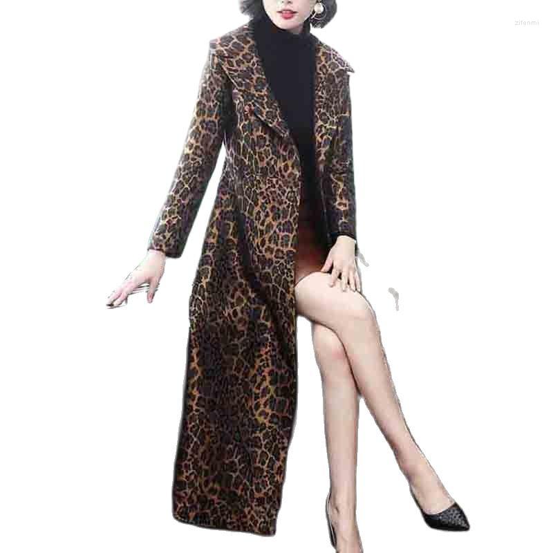 

Women's Trench Coats Fashionable Temperament Leopard Coat Womens Autumn And Winter Belt Korean Version Loose Over The Knee Long Windbreaker, Navy blue