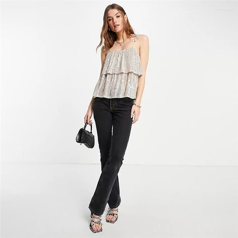 

Women' T Shirts Women Fashion Tops Summer Beach Holiday Sexy Sweet Low-cut Sleeveless Sequins Sling, Silver