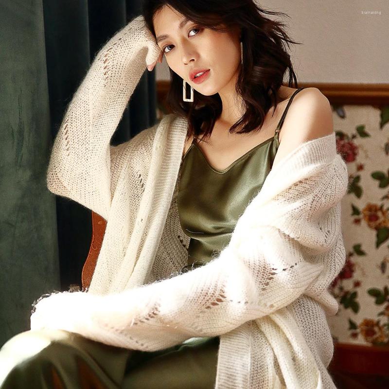 

Women's Knits 2022 Spring Mohair Wool Hollow Out Long Knitted Cardigan Holiday Sweaters Fashion Pockets High Street Open Stitch Women Wear, Ivory