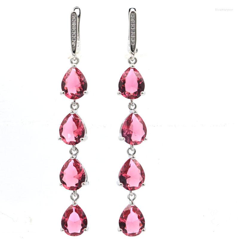 

Dangle Earrings 68x8mm Gorgeous Long Pink Tourmaline Green Amethyst CZ Women Daily Wear Silver