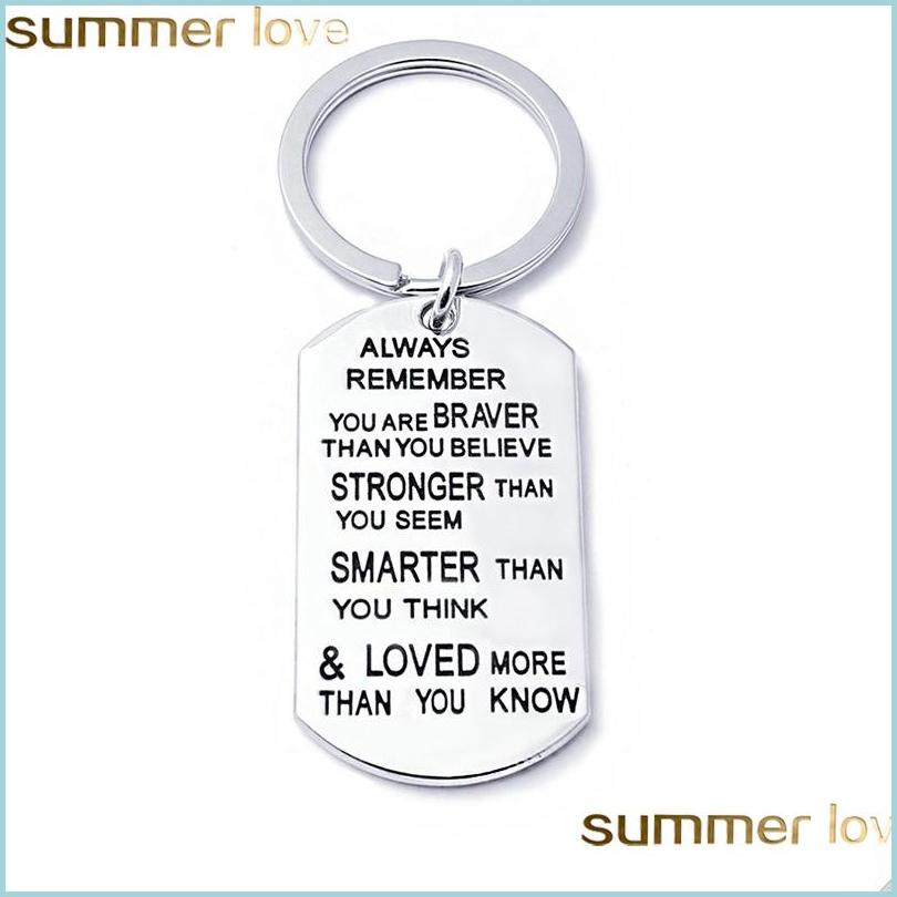 

Key Rings Fashion Stainless Steel Key Chain Ring Engraved Inspirational Word You Are Braver Stronger Smarter Than Think Charm Family Dhv2I