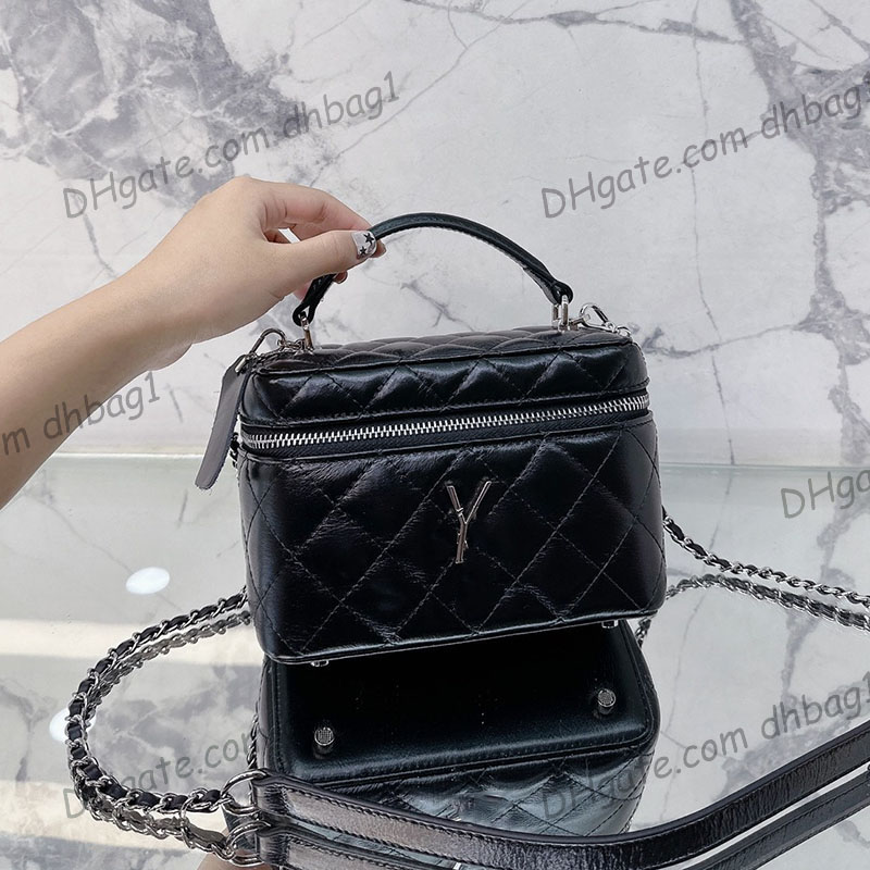 

French Womens Lambskin June Box Vanity Bags Top Hand Totes Aged Silver Metal Chain Crossbody Shoulder Large Capacity Cosmetic Case Handbags 18X13CM