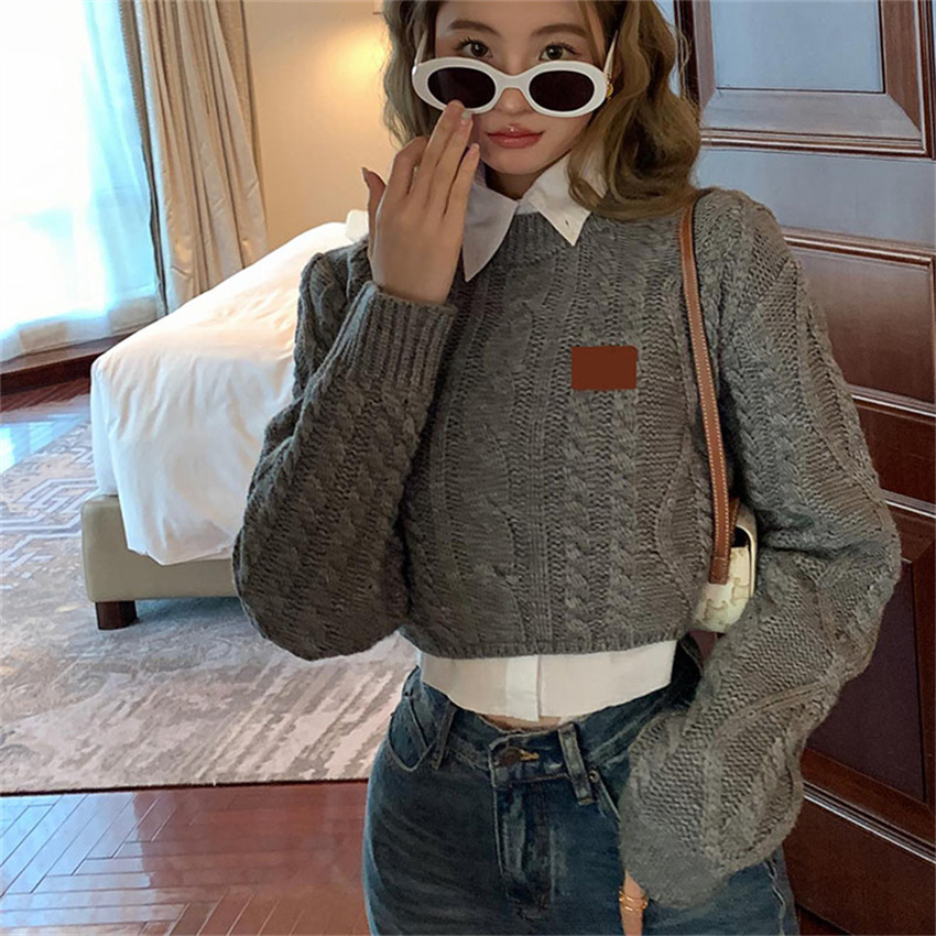 

Letters Women Knit T Shirt Autumn Spring Knitted Tops INS Fashion Long Sleeve Jumper, Gray with label #1091109