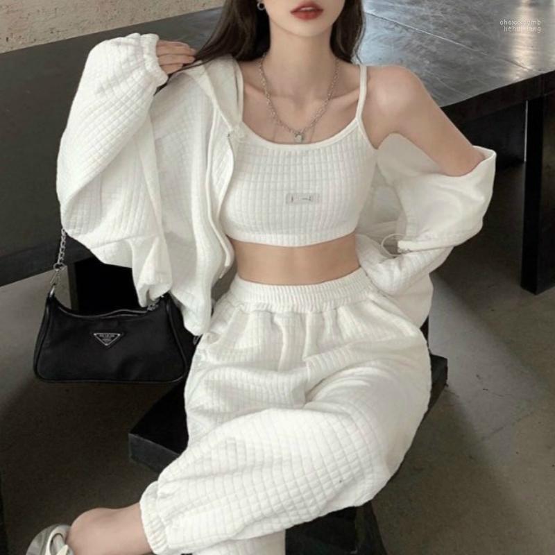 

Women's Pants Women's & Capris Women Spring Zip 3-piece Sets Long-Sleeved Hooded Jacket Sweatshirts Sleevess Tank Long Autumn Fashion, White coat
