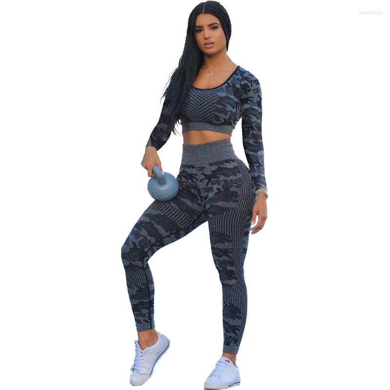 

Women' Two Piece Pants Fitness Suit Women Fashion O Neck Long Sleeve Crop Top Set High Waist Sport Workout Sportswear, Dark grey