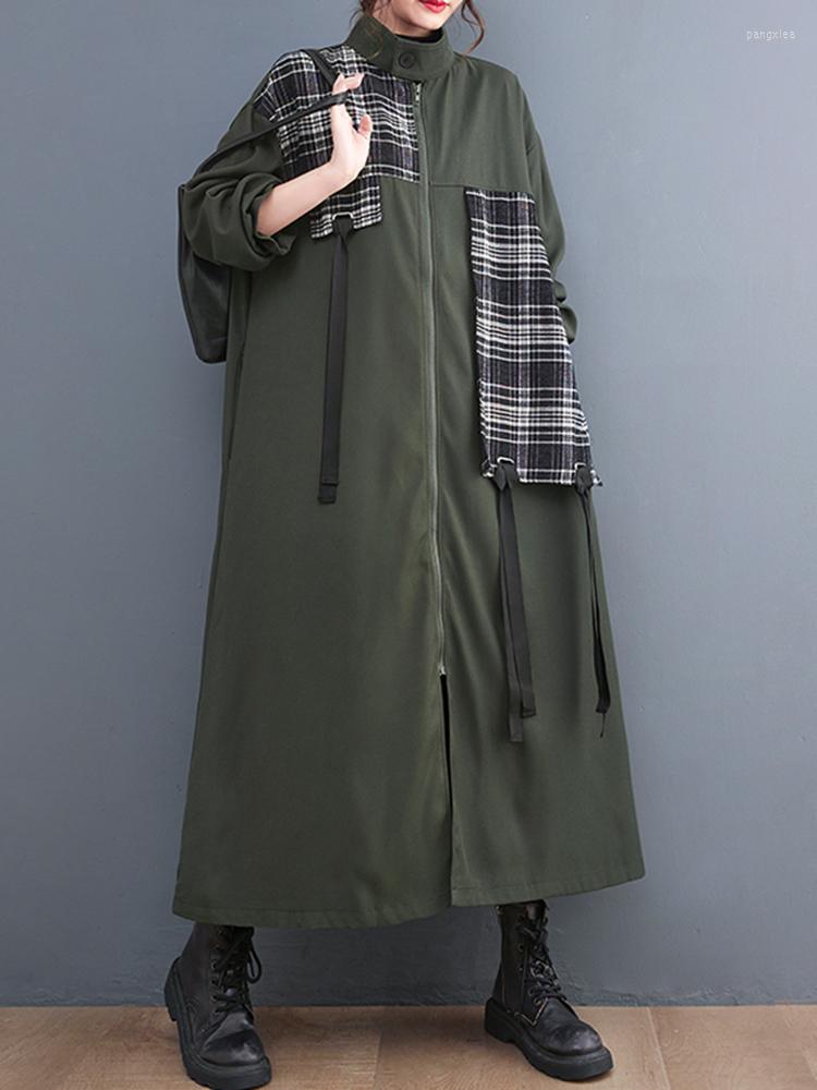 

Women's Trench Coats Oversized Vintage Patchwork Plaid Long Coat For Women Pocket Casual Loose Outerwear Fashion Clothes Spring Autumn 2022, Blue