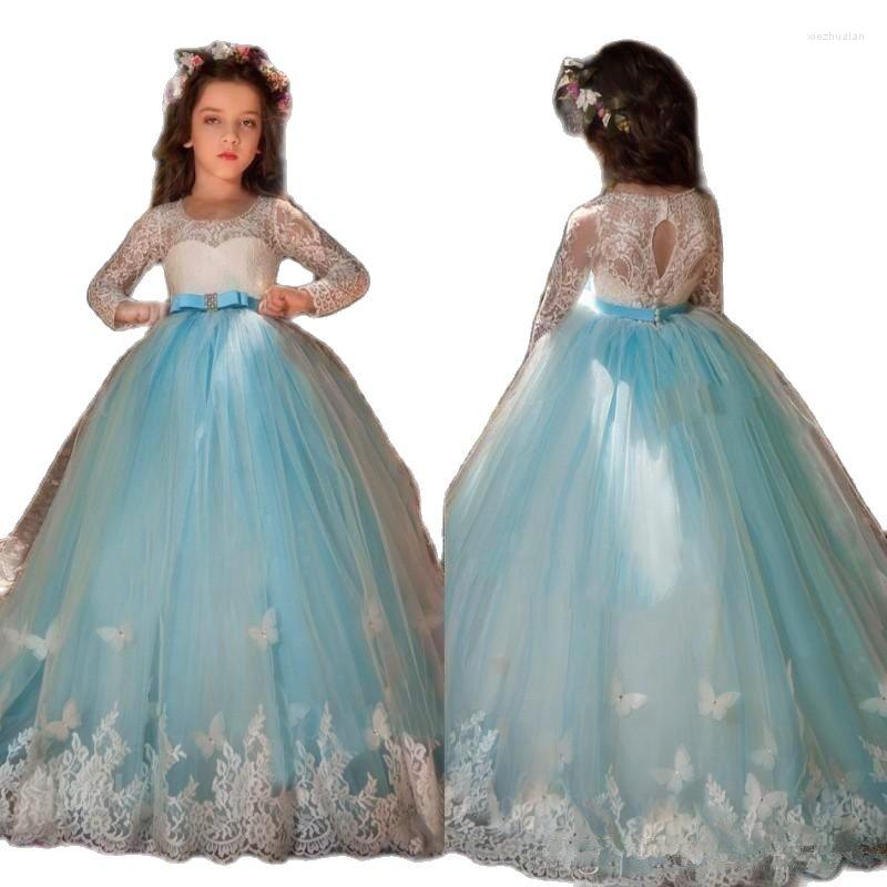 

Girl Dresses Princess Flower Wedding With Brown Sash Crew Neck Lace Ball Gown Girls Pageant White First Communion Dress, Photo color