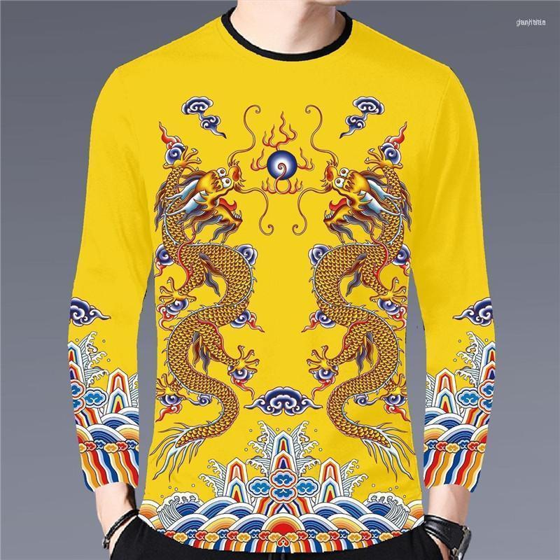 

Men's T Shirts Men's T-Shirts Men's Long-sleeved Round Neck T-shirt Casual Loose Autumn Base Coat 3D Dragon Print Clothing, Same as pictures
