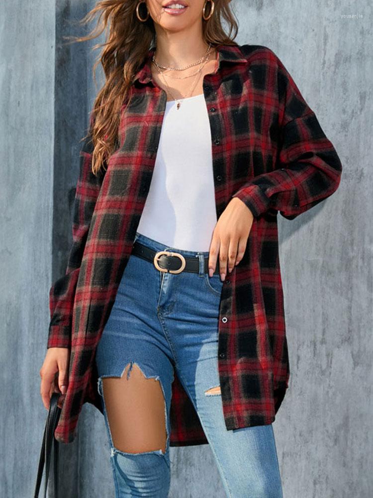 

Women' Blouses 2022 Autumn Long Shirt Women Checkered Plaid Ladies Winter Loose Button Up Shirts For 3xl, Green