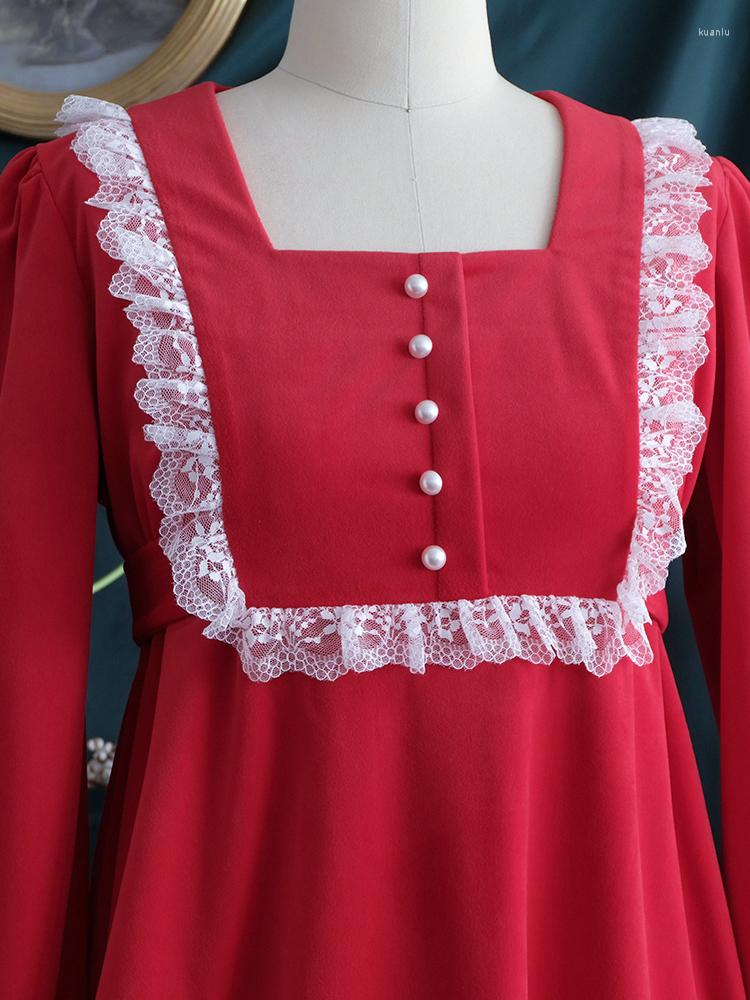 

Casual Dresses Customized Spring Autumn Women Loose Plus Size 1970s Vintage Style Red Lace Patchwork Elegant Velvet