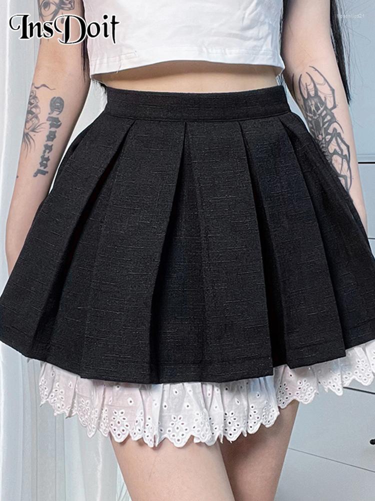 

Skirts InsDoit Gothic Clothes Black Pleated Skirt Women Streetwear Patchwork Sexy High Waist Punk Grunge Fashion Summer