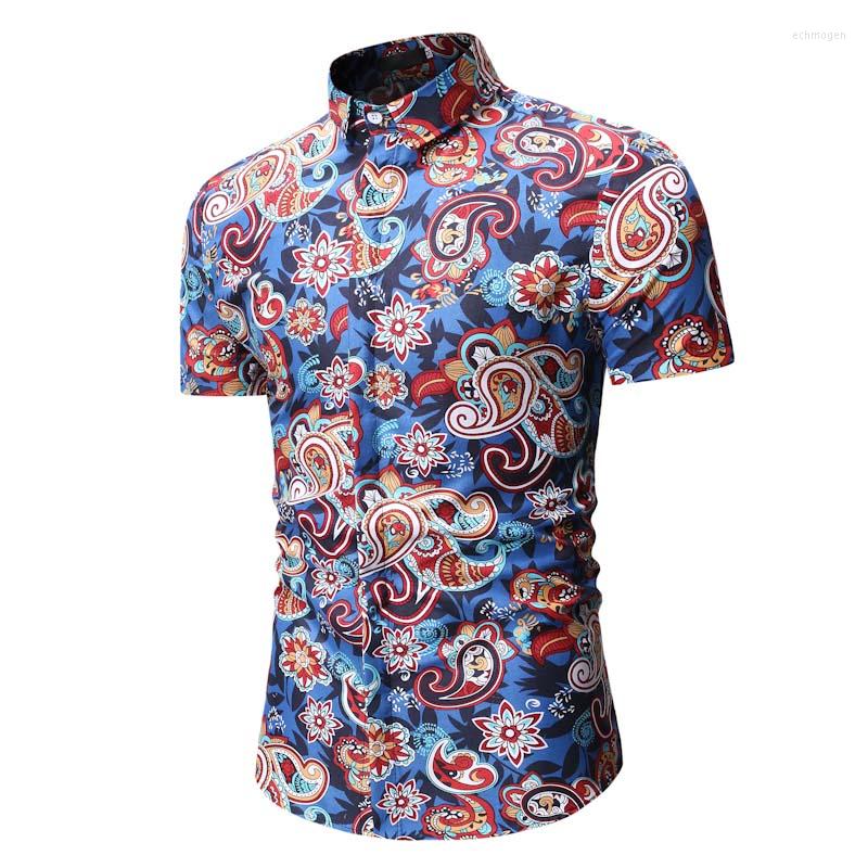 

Men's Casual Shirts Summer Floral Fashion Men Shirt Short Sleeve Hawaiian Plus Size Slim Fit Dress -XXXL, Blue