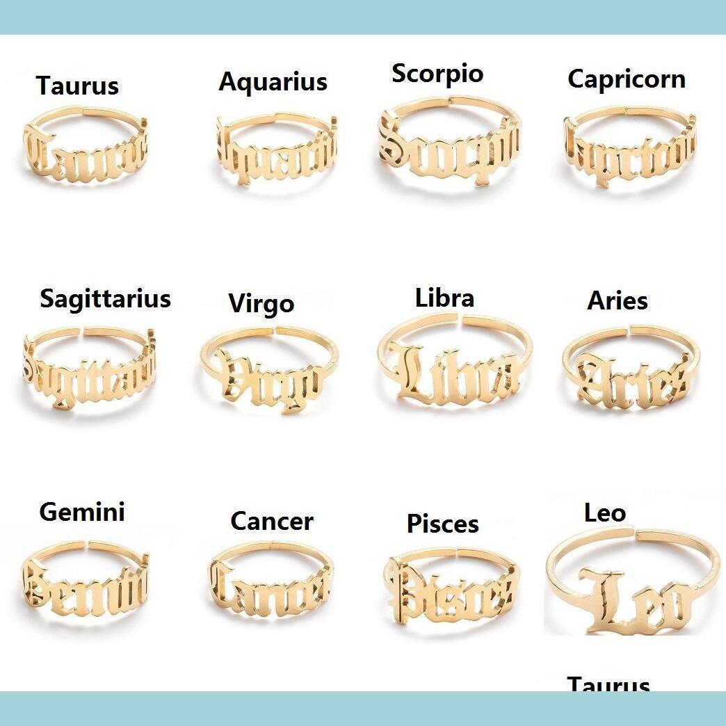 

Band Rings Stainless Steel 12 Constellation Zodiac Ring For Women Men Antique Style Design Letter Leo Aries Open Rings Minimalist Je Dhqds