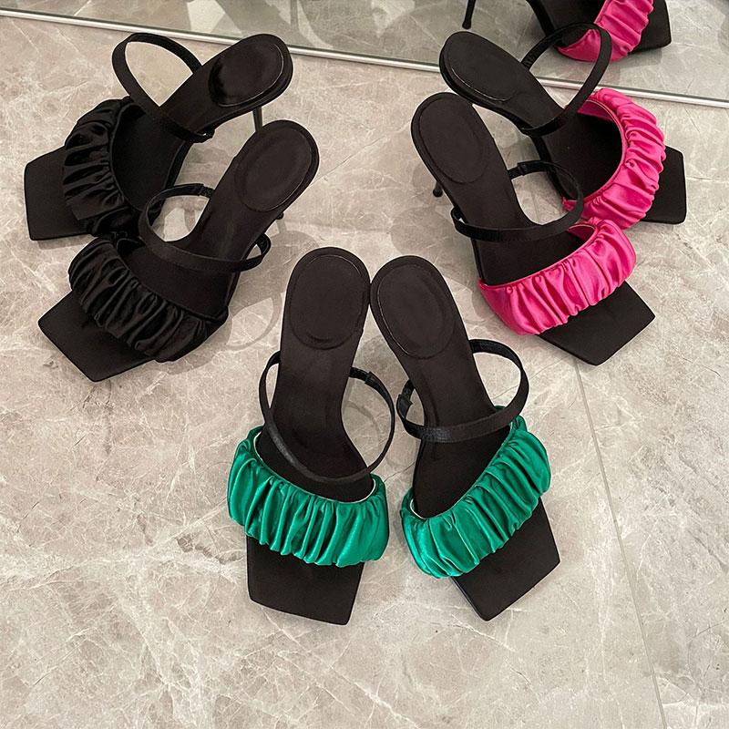 

Sandals Fashion Thin Heels Square Toe Ladies Party Wedding Shoes Comfortable Slip-on Slippers Summer Women Elegant Footwear 2022, Rose red