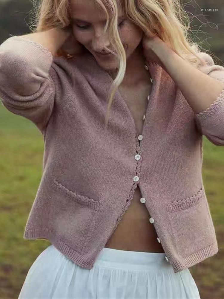 

Women's Knits 2 Colors Women Single Breasted Short Sweater O-neck Simple 2022 Autumn Ladies Knit Cardigan, Pink