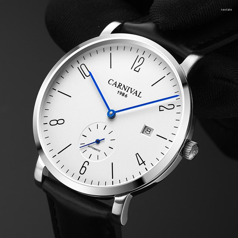 

Wristwatches Carnival Fashion Simple Small Seconds Design Mechanical Watch Men Calendar Waterproof Automatic Leather Strap Watches 8017, Brown rose white