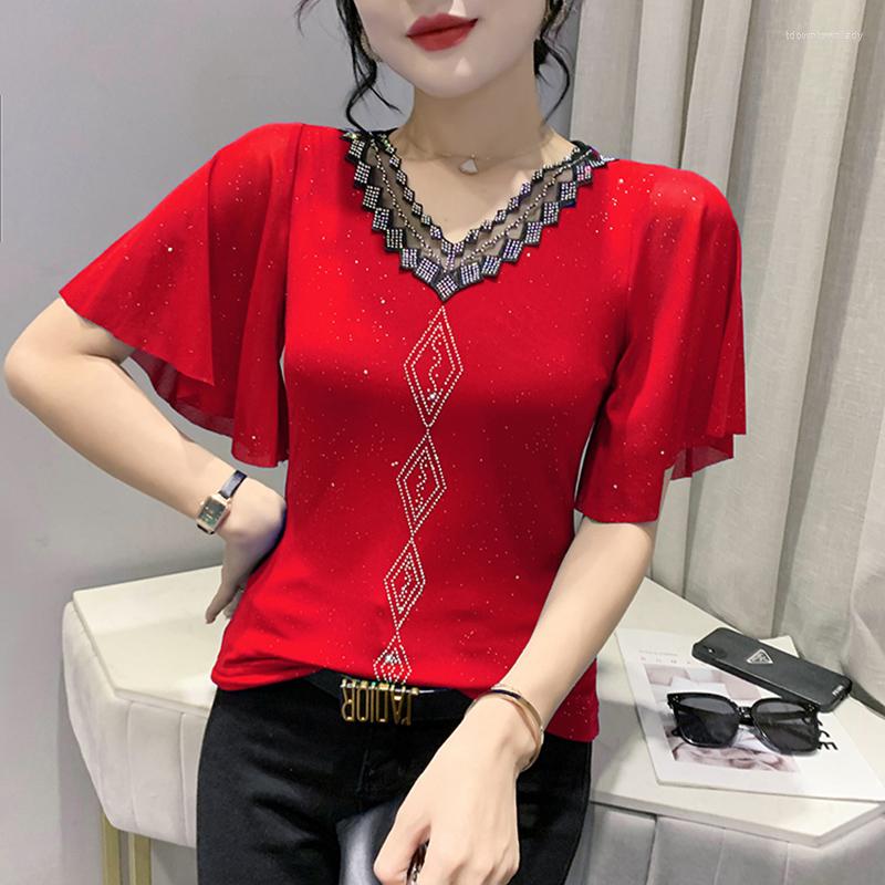

Women's T Shirts 2022 Summer Women Clothing Fashion Casual Flare Sleeved Drilling Mesh Tops Female T-Shirt Blusas, Black