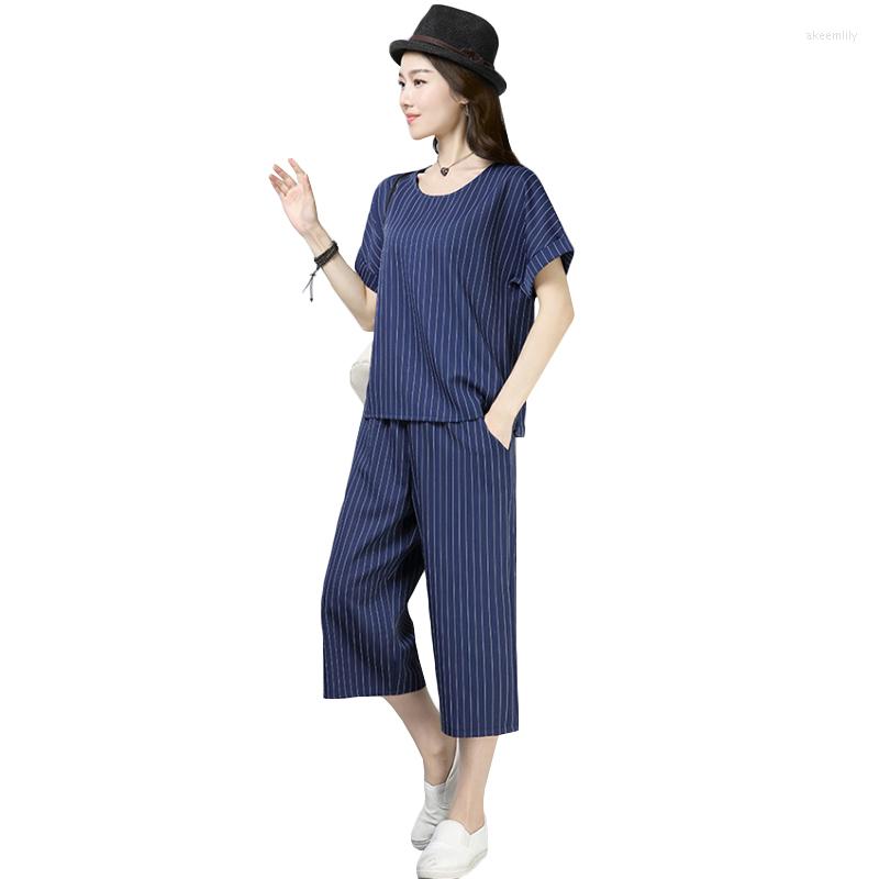 

Women's Tracksuits Plus Size 5XL 2022 Summer 2 Piece Stripe Suits Womens Short Sleeve Blouse Wide Leg Pants Sets Loose Cotton Linen, Photo color