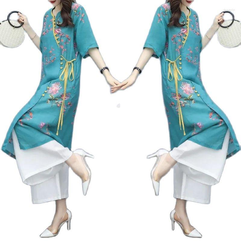 

Women' Two Piece Pants 2022 Summer Clothes Fashion Thin Set Printing Long Top White Wide Leg Suit Leisure Chiffon Women