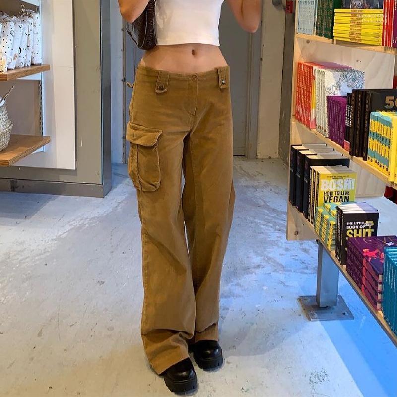 

Women' Pants Women' & Capris Y2k Grunge Corduroy Brown Low Waisted Baggy Pockets Cargo 90s Outfits Vintage Streetwear Woman Long, Khaki